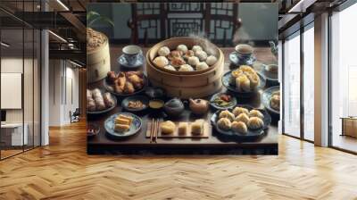 A high-resolution photo of a traditional dim sum table with an assortment of surrounded by chopsticks and tea cups for an authentic dining experience. Wall mural