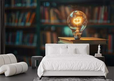 A light bulb on a stack of books, representing knowledge and enlightenment Wall mural