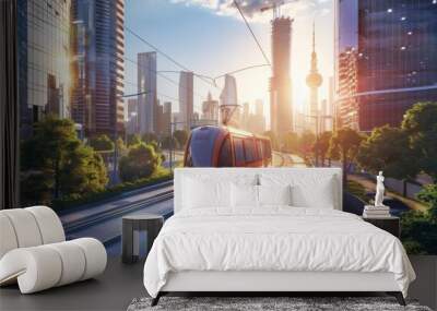 A light rail transit system winding through a modern cityscape, urban mobility solution Wall mural