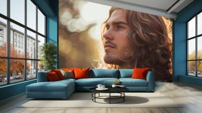 A man with long wavy hair, styled with a natural flow and highlighted by sunlight outdoors Wall mural