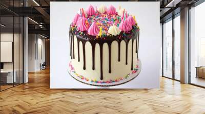 A modern drip cake with a colorful ganache drip and sprinkles, set against a plain white background to highlight the cake's fun and contemporary design. Wall mural