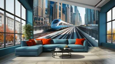 A modern electric train speeding through a cityscape with skyscrapers in the background. Wall mural