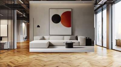 A modern living room with a sleek, minimalist design, featuring a low-profile sofa, abstract art, and a monochromatic color scheme. Wall mural