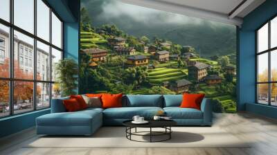 A mountain village nestled among green hills with traditional houses and terraced fields Wall mural