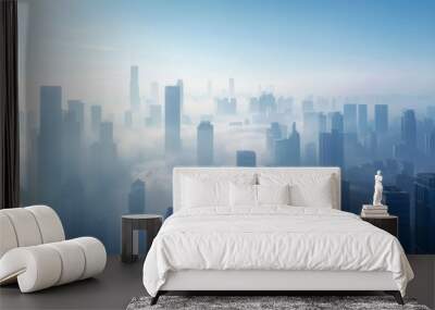 A panorama of a city skyline blanketed by smog, illustrating the impact of air pollution on urban environments Wall mural