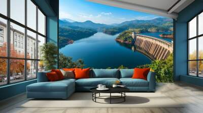 A panoramic view of a large water reservoir dam with a full lake, surrounded by lush green mountains and a clear blue sky. Wall mural