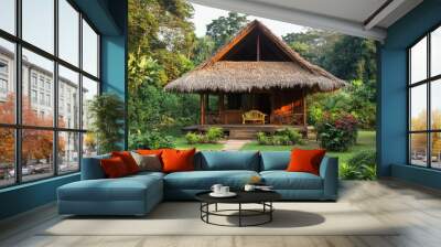 A picturesque view of a garden house with wooden beams and a thatched roof, surrounded by tropical foliage, emphasizing the beauty of rural architecture. Wall mural