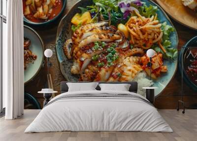 A plate of Korean-style grilled squid served with spicy gochujang sauce, pickled vegetables, and steamed rice, on a traditional dining table. Wall mural