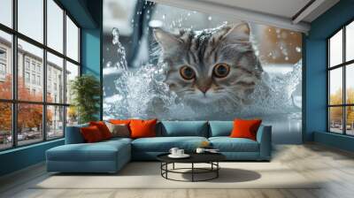 A playful image of a fluffy cat cautiously stepping into a bathtub filled with warm water, with splashes around, capturing the curiosity and hesitation of pets during bath time. Wall mural