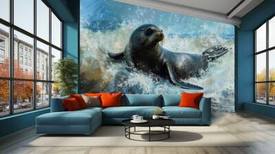 A playful sea lion frolicking in the waves, its agile body twisting and turning with boundless energy as it enjoys the freedom of the open ocean. Wall mural