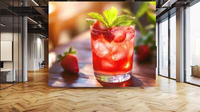 A refreshing glass of brightly colored strawberry syrup mixed with ice and soda, garnished with fresh strawberries and mint leaves, sitting on a wooden table under soft sunlight. Wall mural