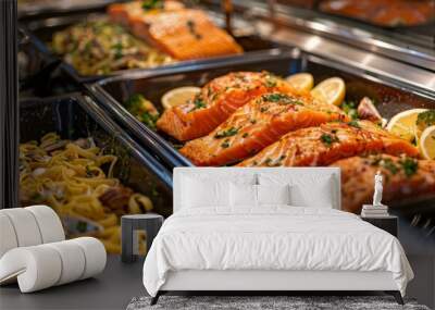 A seafood buffet display with trays of grilled salmon fillets and seafood pasta dishes. Wall mural