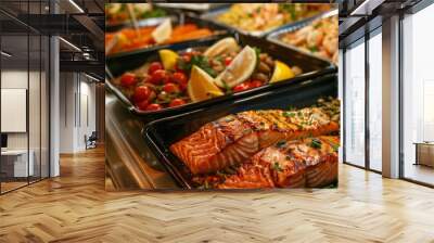 A seafood buffet display with trays of grilled salmon fillets and seafood pasta dishes. Wall mural