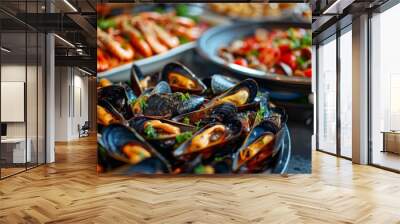 A seafood buffet spread featuring a selection of cooked mussels alongside other shellfish and seafood delicacies. Wall mural