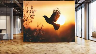 A serene photo of a bird flying close to a sunset or sunrise, with warm, golden hues highlighting the silhouette of the bird and creating a peaceful atmosphere. Wall mural