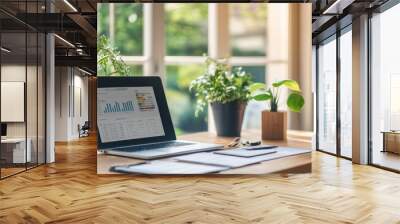 A serene workspace featuring a financial planner's desk with charts, a laptop, and a plant, highlighting the importance of organization in business finance. Wall mural