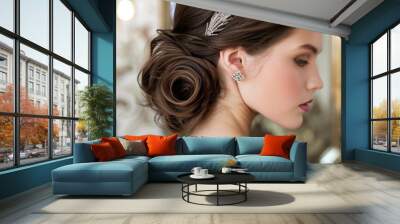 A sophisticated hairstyle with a sleek hair clip, ideal for formal events, set against a polished and elegant backdrop. Wall mural