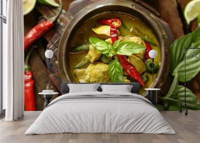 A spicy Thai curry dish with green curry paste, coconut milk, chicken, and Thai chili peppers. Wall mural