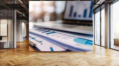 A stack of financial documents and reports next to a laptop displaying a bar graph, symbolizing financial analysis and reporting. Wall mural