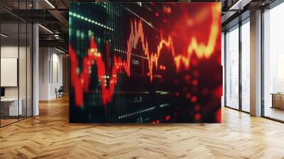 A stock market graph with red and green lines, showing fluctuating trends on a screen. The close-up emphasizes the volatile nature of financial markets. Wall mural