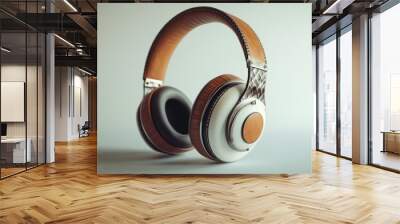 A stylish pair of retro headphones with large ear cups and a vintage design, placed on a white surface to showcase their unique aesthetic and craftsmanship. Wall mural