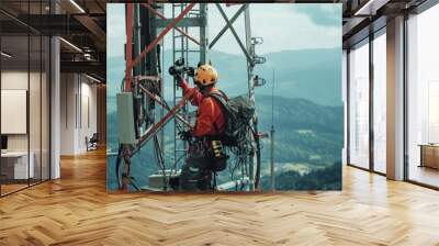 A telecommunications technician performing maintenance on a signal tower, ensuring continuous service and uptime for mobile networks. Wall mural