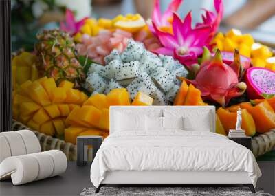 A Thai fruit platter with exotic fruits like mango, dragon fruit, and rambutan. Wall mural