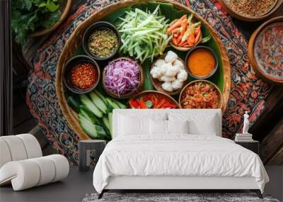 A top-down shot of served with a side of fresh vegetables and dipping sauces, emphasizing the delicious variety of flavors and textures in a traditional Thai meal. Wall mural