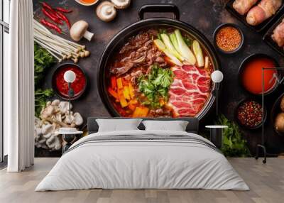 A top-down view of a hot pot filled with simmering broth, sliced meat, vegetables, and mushrooms, arranged around the pot with dipping sauces and garnishes. Wall mural