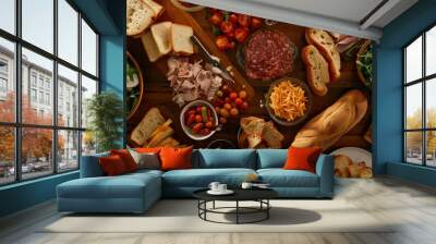 A top-down view of a sandwich bar set up with a variety of bread, meats, cheeses, and condiments, allowing guests to customize their own delicious creations Wall mural