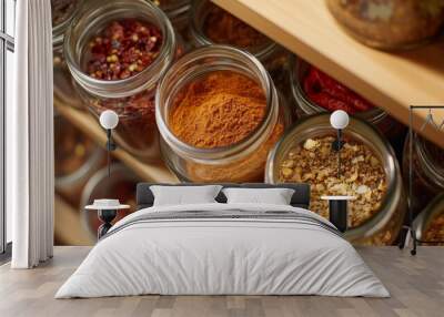 A top-down view of a spice rack featuring jars of chili powder, dried chili flakes, and other seasonings, organized in a clean kitchen setting Wall mural