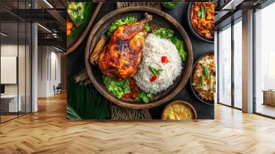 A top view of a rustic table setting with rice and roasted chicken as the main dish. Wall mural