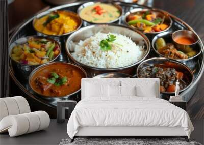 A traditional Indian thali meal with a variety of curries, chutneys, and pickles served in small bowls on a stainless steel tray. Wall mural