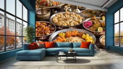 A traditional Indian wedding banquet featuring an extravagant spread of festive dishes, desserts, and sweets. Wall mural