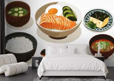 A traditional Japanese breakfast set featuring grilled fish, steamed rice, miso soup, pickles, and a side of nori seaweed. Wall mural