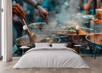 A traditional Thai street food vendor ladling hot tom yum soup into to-go containers, with steam rising and customers lined up for a taste Wall mural