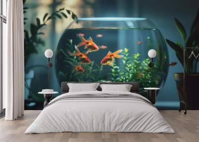 A tranquil underwater scene of a goldfish tank with soft lighting and peaceful ambiance, providing a soothing retreat from the hustle and bustle of daily life. Wall mural