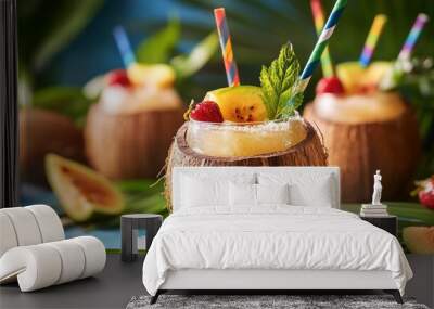 A tropical cocktail in a coconut with a colorful paper straw, surrounded by fresh fruit garnishes, capturing a fun and festive drink presentation. Wall mural