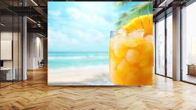 A tropical drink made with sweet mango syrup, crushed ice, and topped with a slice of fresh mango, set against a beach background with palm trees and blue skies. Wall mural