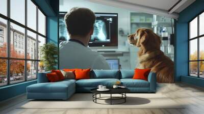 A veterinarian taking an X-ray of a dog, with the X-ray machine and monitor clearly visible, highlighting the advanced technology and care in a modern clinic. Wall mural