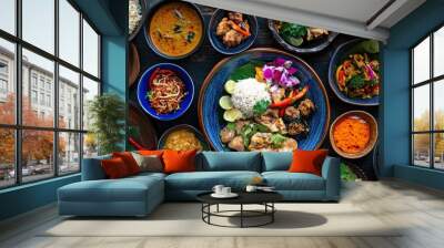 A vibrant plate of paired with a variety of colorful curries and stir-fries, showcasing the harmony of flavors in a traditional Thai meal. Wall mural