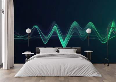 A visual representation of a heartbeat line on a dark blue background, with glowing green waves symbolizing a healthy heart rhythm Wall mural