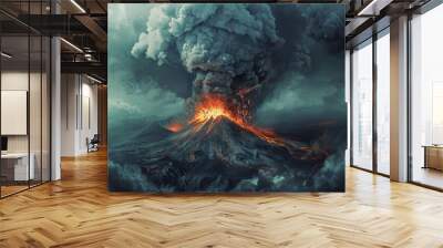 A volcano spewing ash and smoke into the sky, with a dramatic contrast between the dark clouds and the bright lava. Wall mural