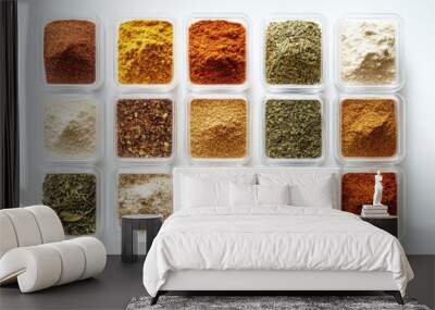 A white background with various spice blends, such as curry powder and Italian seasoning, in transparent containers. Wall mural