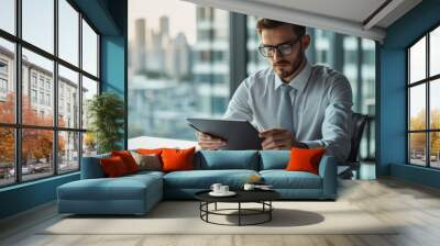 A young businessman wearing glasses, intently analyzing financial reports on his tablet, seated at a modern desk with a cityscape visible through the window. Wall mural