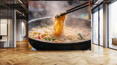 An action shot of someone stirring instant noodles in a pot, with the steam rising and the noodles becoming tender and flavorful. Wall mural