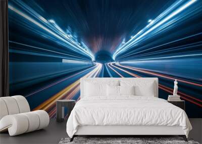 An artistic shot of an expressway tunnel entrance, with bright headlights illuminating the entrance and creating a dramatic perspective on the road. Wall mural