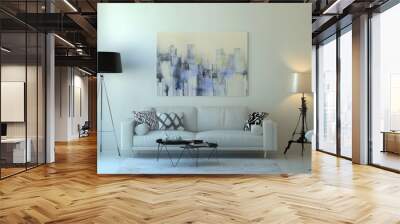 An elegant living room with modern decor, featuring a minimalist design, stylish furniture, and a beautiful piece of art hanging on the wall, showcasing contemporary living. Wall mural