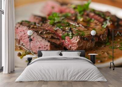 An elegant plate of steak au poivre, with peppercorn sauce and a garnish of fresh herbs Wall mural