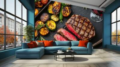 An overhead shot of a succulent steak sliced open, showing its tender pink center, accompanied by a side of roasted vegetables and a glass of red wine. Wall mural